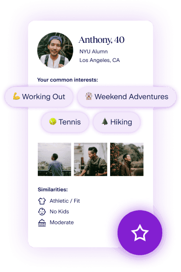 Anthony’s profile is highlighting common interests. He also likes working out, weekend adventures, tennis and hiking.